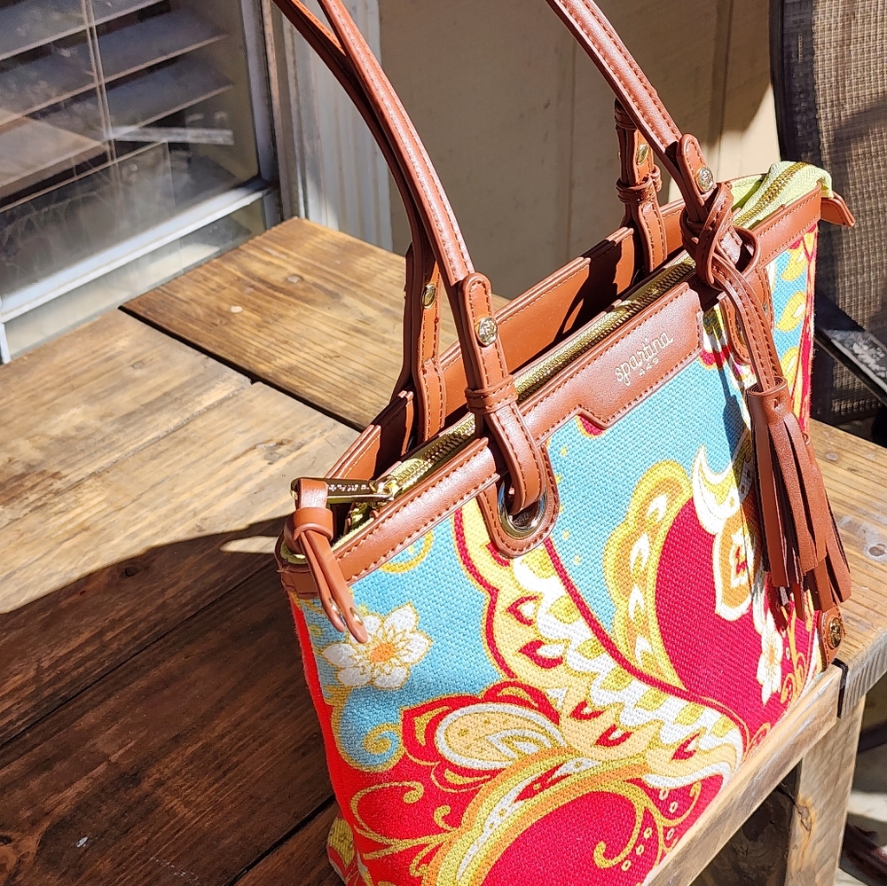Spartina 449 Daufuskie Island linen Boho Cottagecore Floral purse tote bag Tassl - Picture 6 of 13